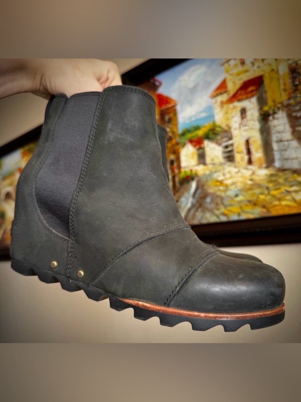 Sorel Black Leather Lea Wedge Booties Ankle Boots 8.5